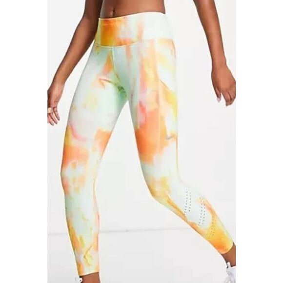 Nike Dri-Fit Epic Luxe Mid Rise 7/8 Pocket Leggings Size M Mint Orange Tie Dye - Picture 1 of 6